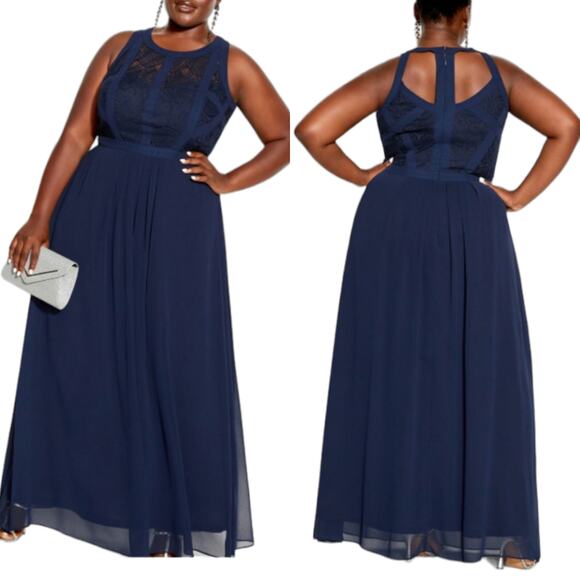 CITY CHIC Panelled Navy Lace Corset Bodice Maxi Dress 14 NEW Floral Formal - Picture 1 of 12